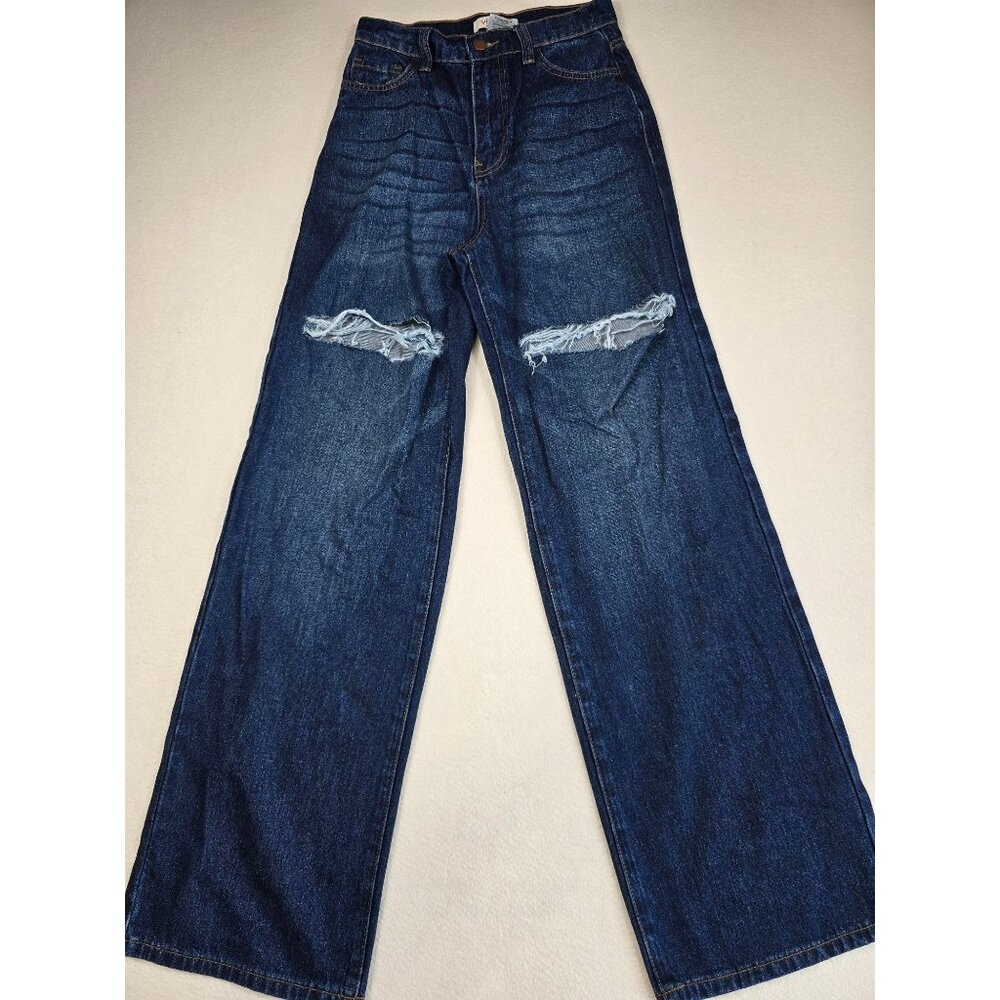 Vibrant MIU Womens Wide Leg Distressed Jeans Size 1 W24 Dark Stone Denim